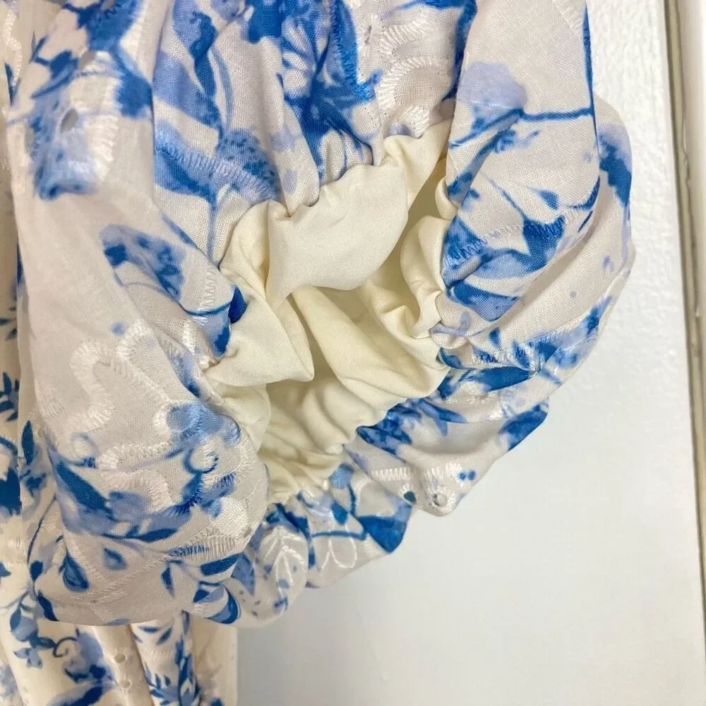 Sam Edelman Floral Embroidered Eyelet Puff Sleeve Mini Shirtdress White Blue, 14